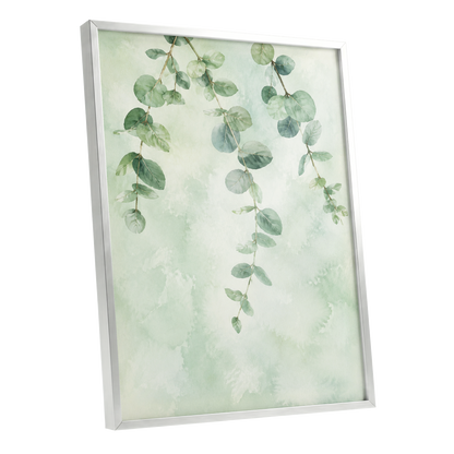 Sage Cascade, green, beige, blue nature wall art shown as a silver framed poster wall art print