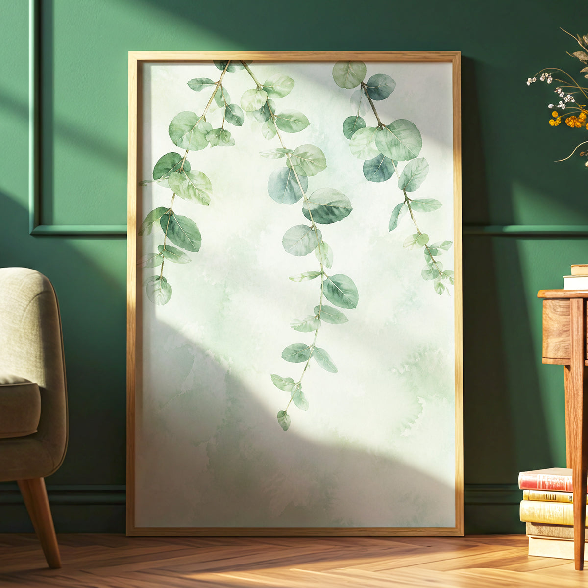 Sage Cascade, green, beige, blue nature wall art displayed in a styled interior, gallery view 2
