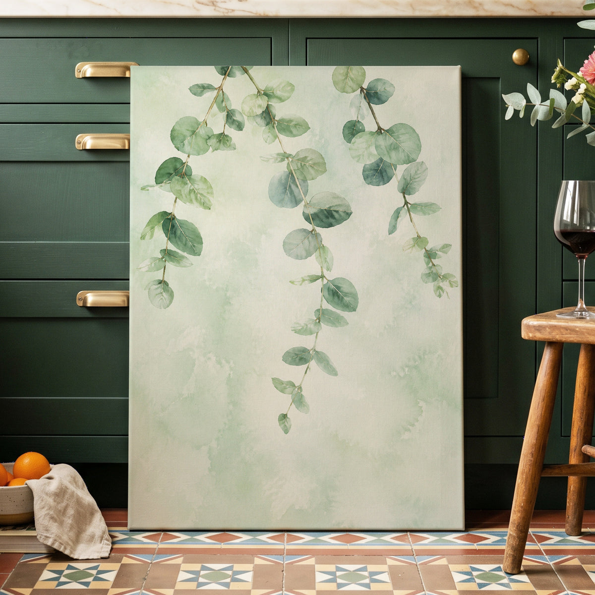 Sage Cascade, green, beige, blue nature wall art displayed in a styled interior, gallery view 3