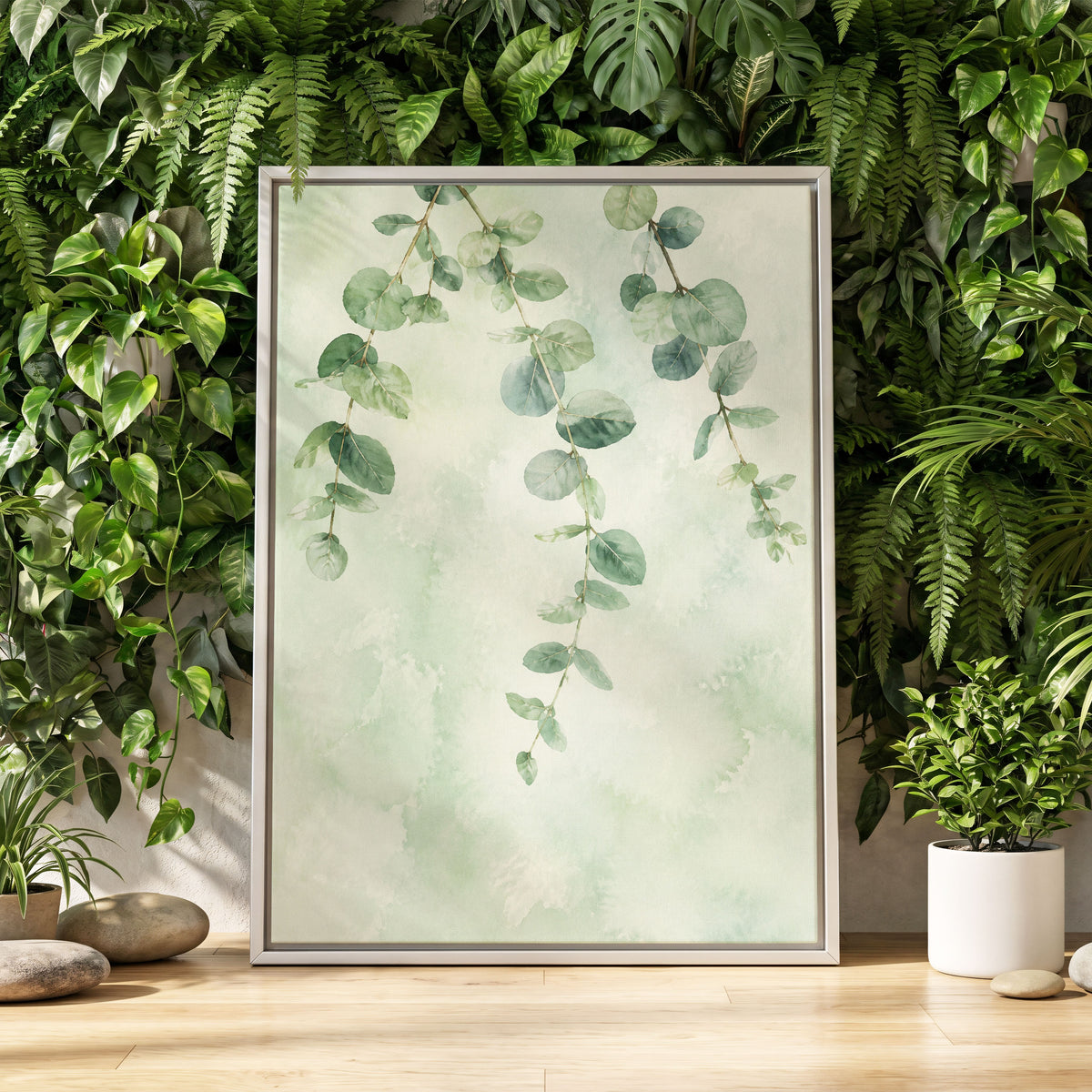 Sage Cascade, green, beige, blue nature wall art displayed in a styled interior, gallery view 4
