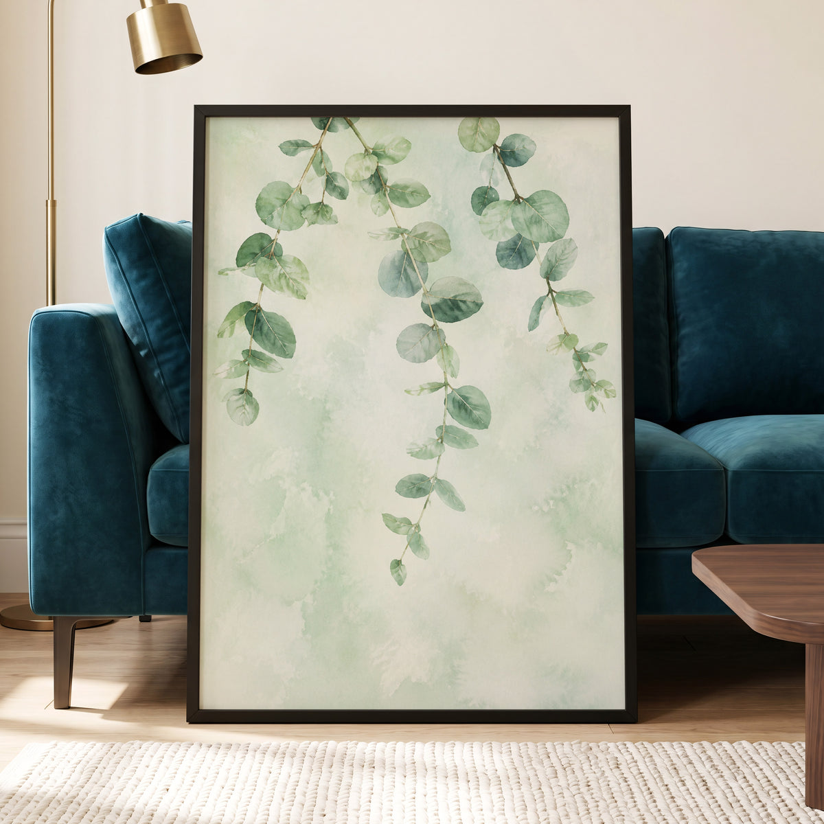 Sage Cascade, green, beige, blue nature wall art displayed in a styled interior, gallery view 6
