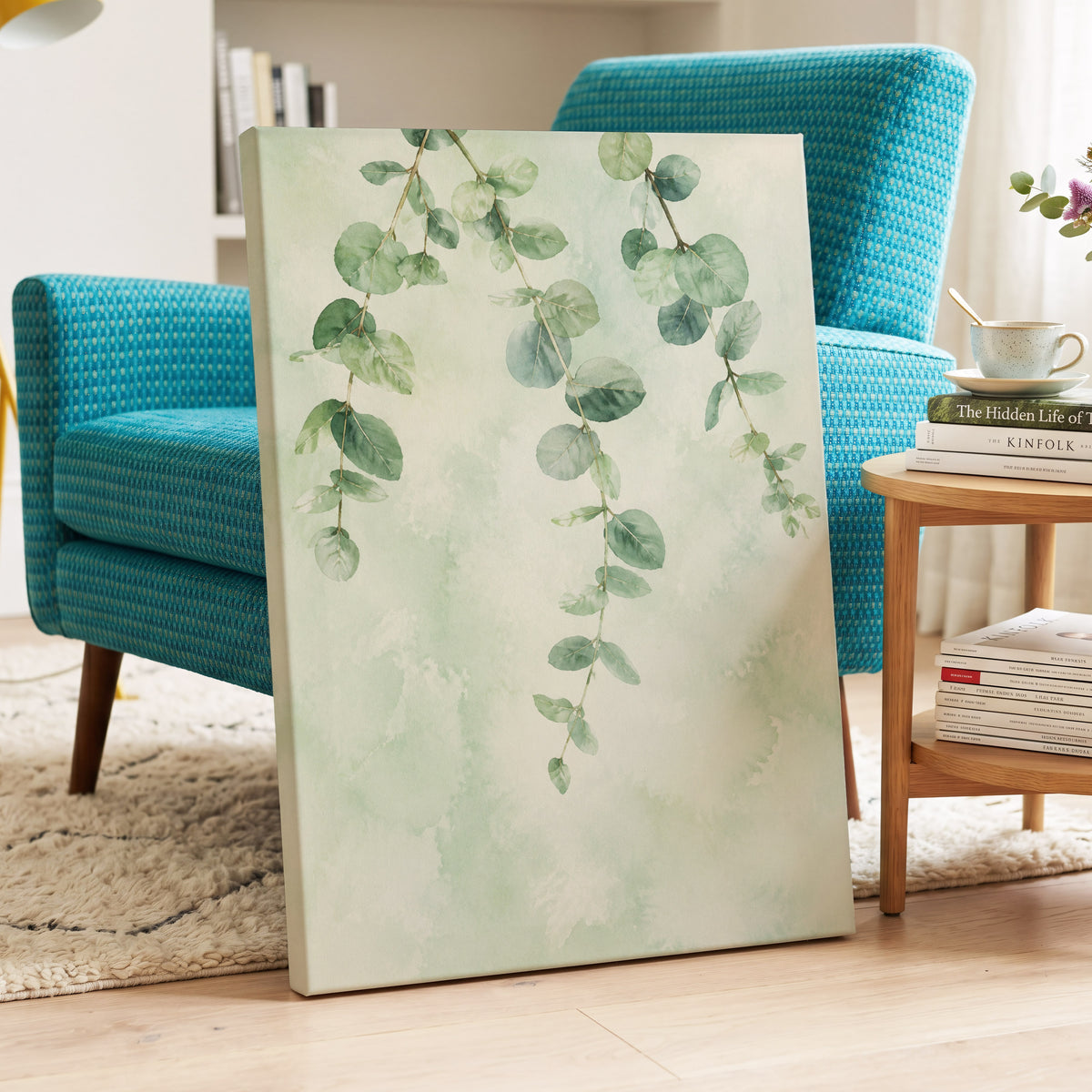 Sage Cascade, green, beige, blue nature wall art displayed in a styled interior, gallery view 7
