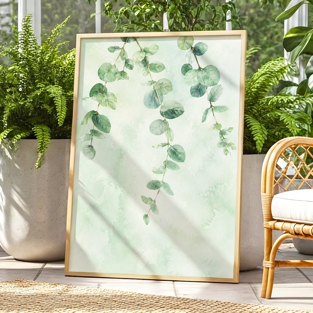 Sage Cascade, green, beige, blue nature wall art displayed in a styled interior, gallery view 9