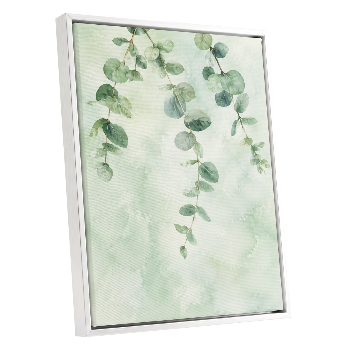 Sage Cascade, green, beige, blue nature wall art shown as a white framed canvas wall art