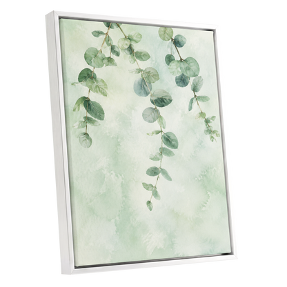 Sage Cascade, green, beige, blue nature wall art shown as a white framed canvas wall art