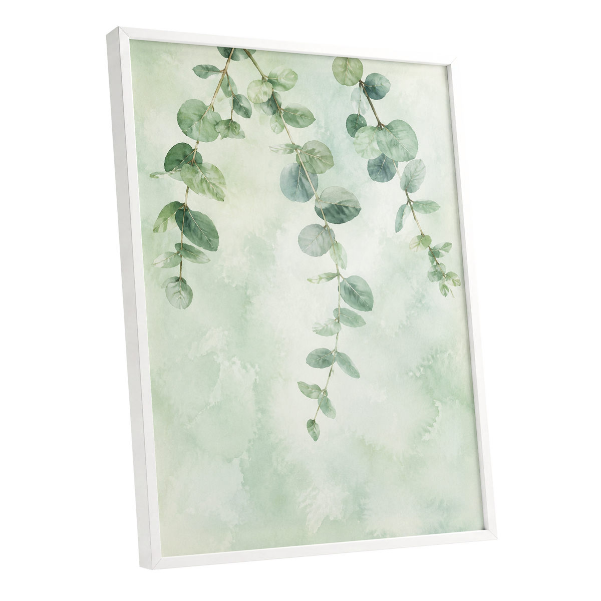 Sage Cascade, green, beige, blue nature wall art shown as a white framed poster wall art print