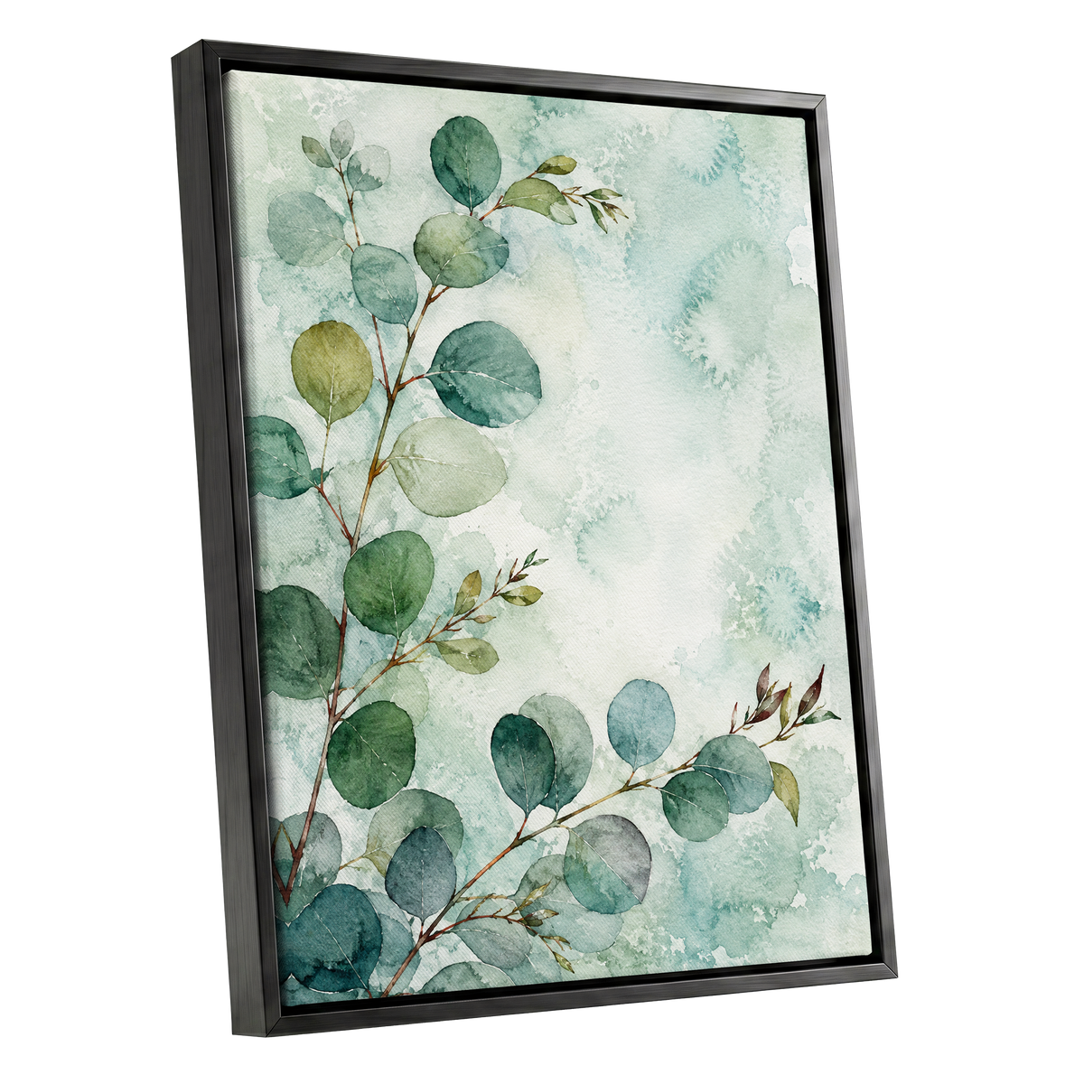 Sage Leaf Reverie, green, blue, white nature wall art shown as a black framed canvas wall art