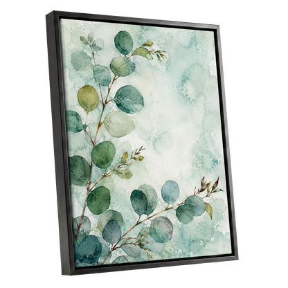 Sage Leaf Reverie, green, blue, white nature wall art shown as a black framed canvas wall art