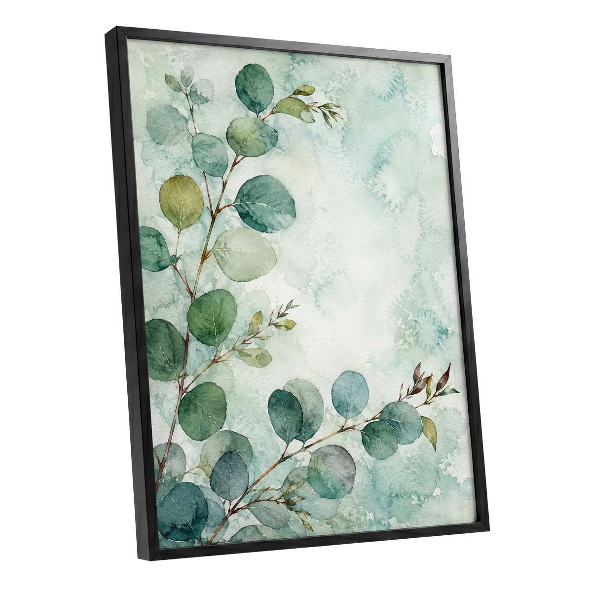 Sage Leaf Reverie, green, blue, white nature wall art shown as a black framed poster wall art print