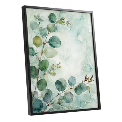Sage Leaf Reverie, green, blue, white nature wall art shown as a black framed poster wall art print