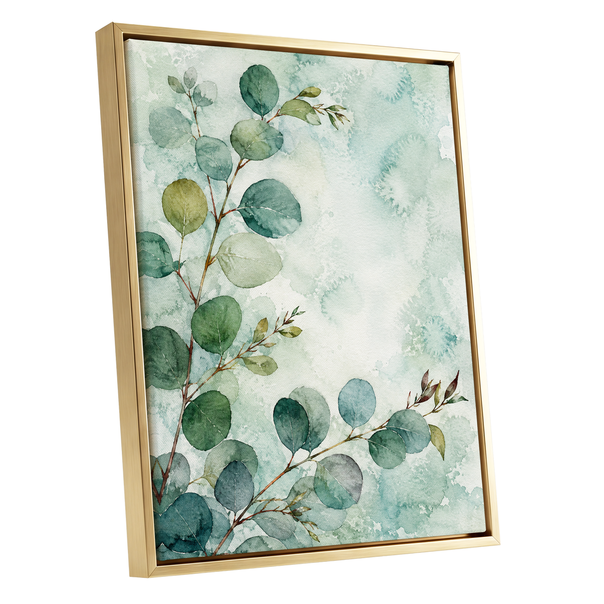 Sage Leaf Reverie, green, blue, white nature wall art shown as a gold framed canvas wall art