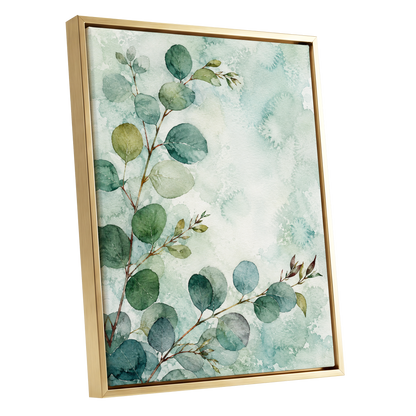 Sage Leaf Reverie, green, blue, white nature wall art shown as a gold framed canvas wall art