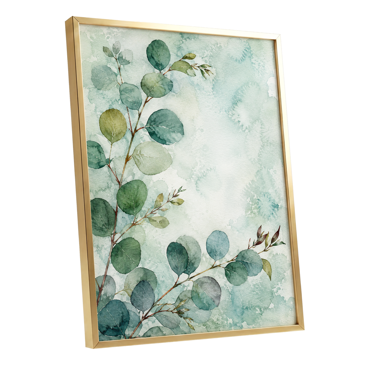 Sage Leaf Reverie, green, blue, white nature wall art shown as a gold framed poster wall art print