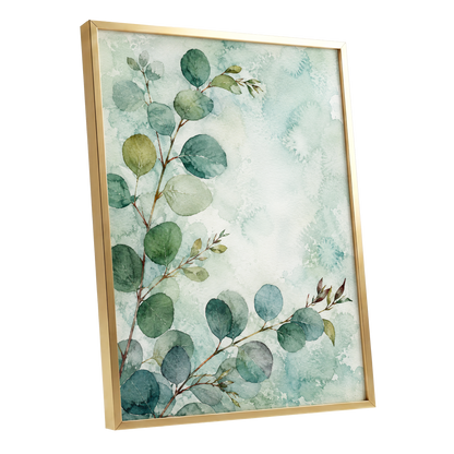 Sage Leaf Reverie, green, blue, white nature wall art shown as a gold framed poster wall art print