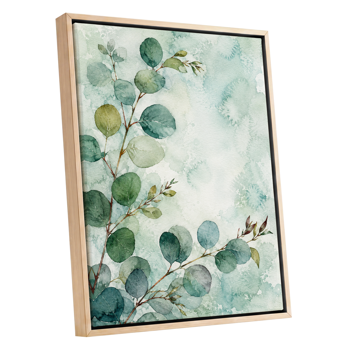 Sage Leaf Reverie, green, blue, white nature wall art shown as a oak framed canvas wall art