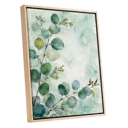 Sage Leaf Reverie, green, blue, white nature wall art shown as a oak framed canvas wall art
