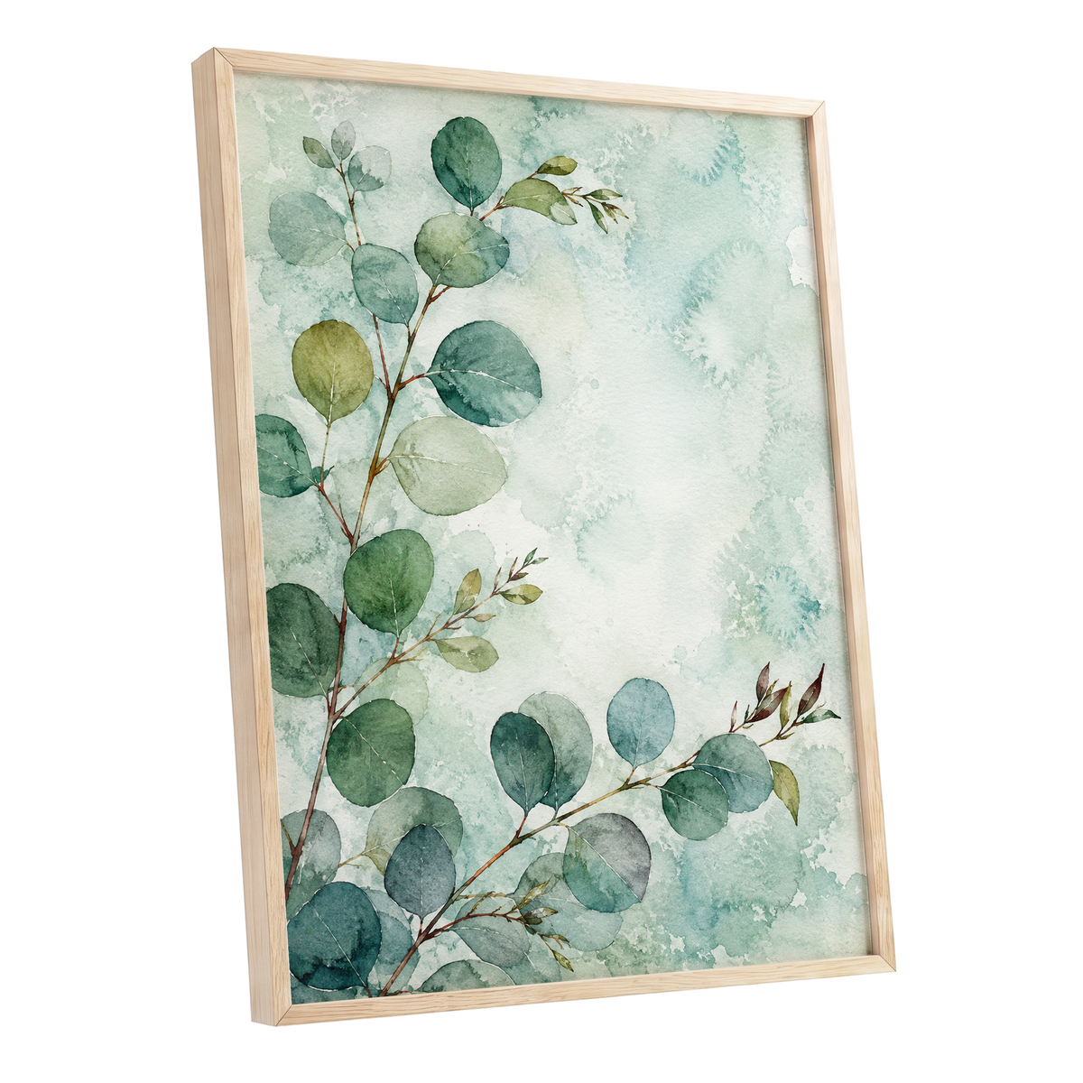 Sage Leaf Reverie, green, blue, white nature wall art shown as a oak framed poster wall art print