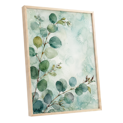 Sage Leaf Reverie, green, blue, white nature wall art shown as a oak framed poster wall art print