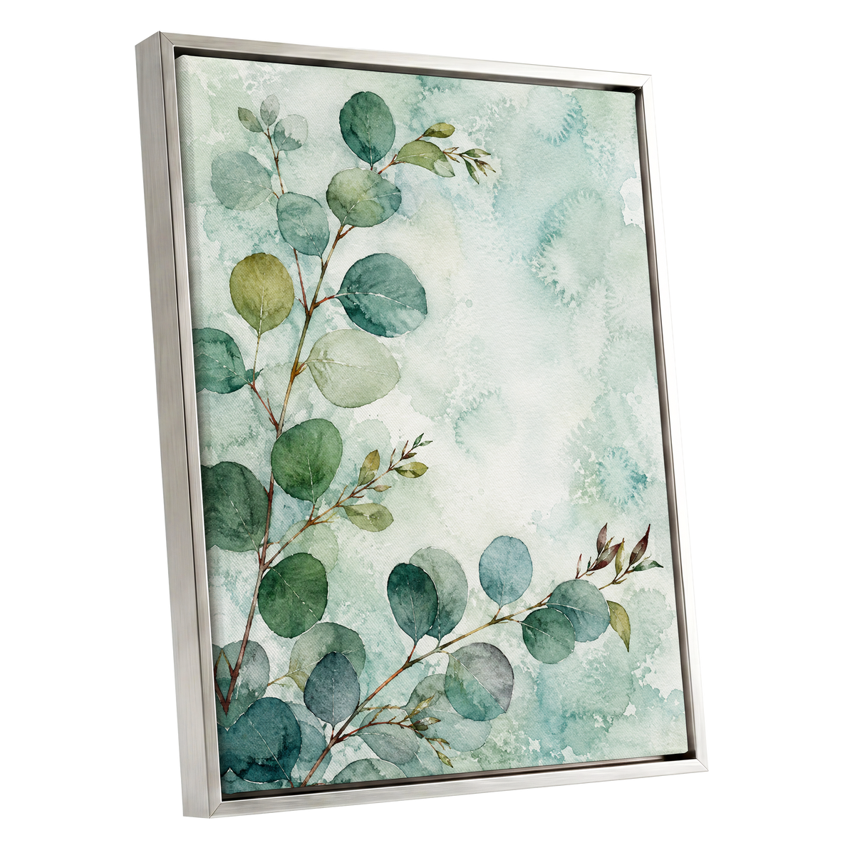 Sage Leaf Reverie, green, blue, white nature wall art shown as a silver framed canvas wall art