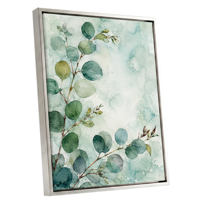 Sage Leaf Reverie, green, blue, white nature wall art shown as a silver framed canvas wall art