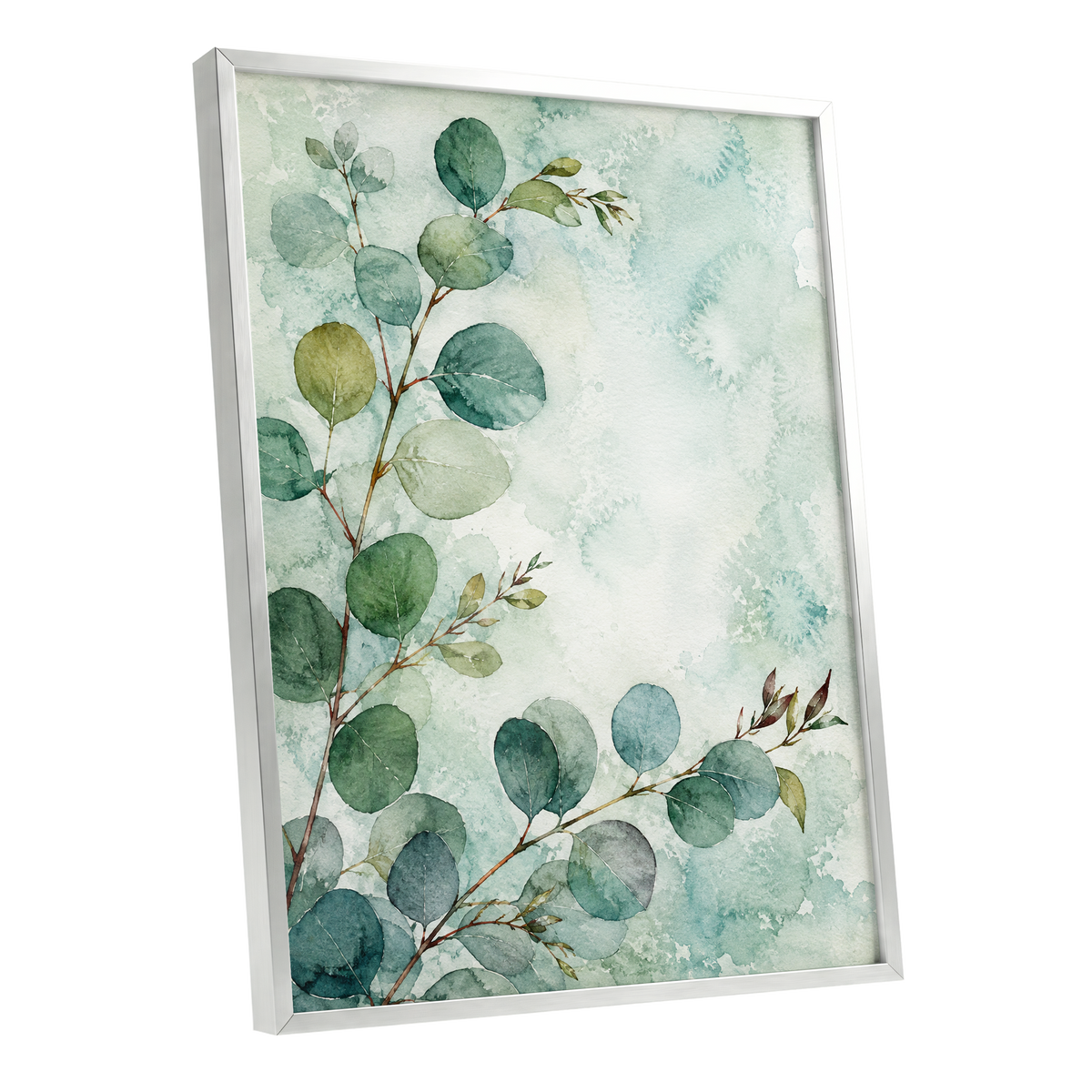 Sage Leaf Reverie, green, blue, white nature wall art shown as a silver framed poster wall art print