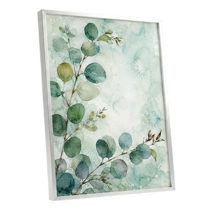 Sage Leaf Reverie, green, blue, white nature wall art shown as a silver framed poster wall art print