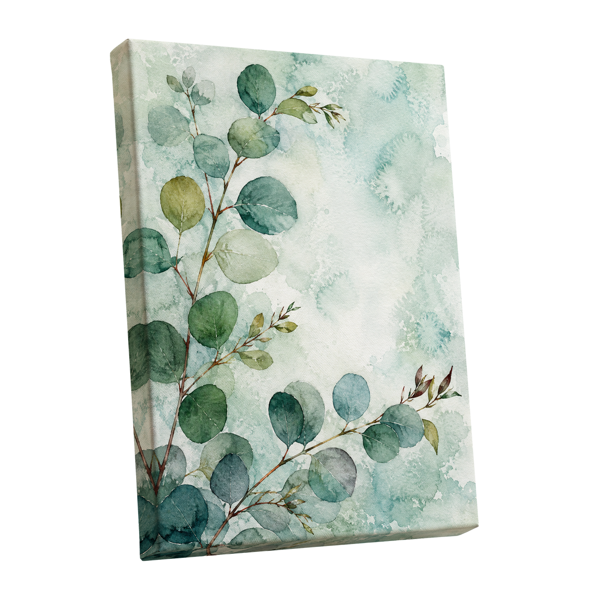 Sage Leaf Reverie, green, blue, white nature wall art shown as a stretched canvas wall art