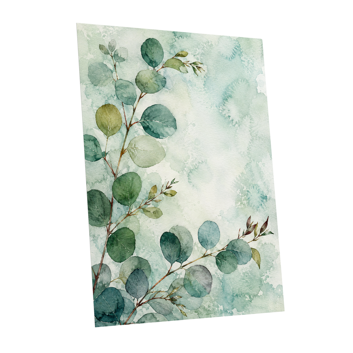 Sage Leaf Reverie, green, blue, white nature wall art shown as a unframed poster wall art print