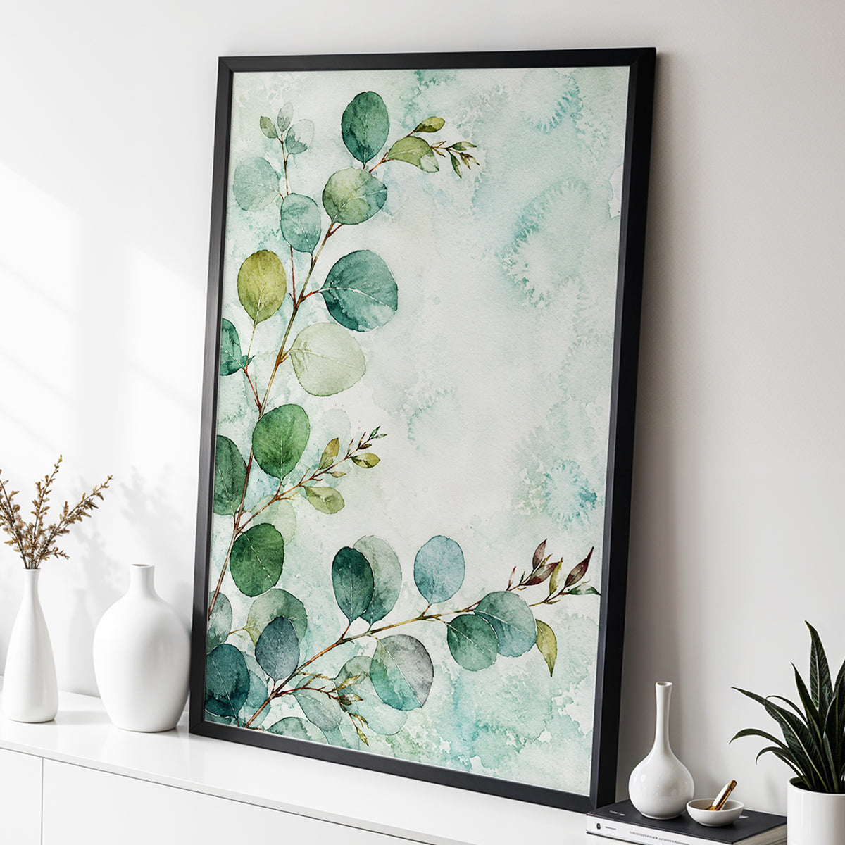 Sage Leaf Reverie, green, blue, white nature wall art displayed in a styled interior, gallery view 2