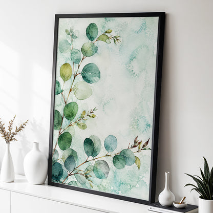 Sage Leaf Reverie, green, blue, white nature wall art displayed in a styled interior, gallery view 2