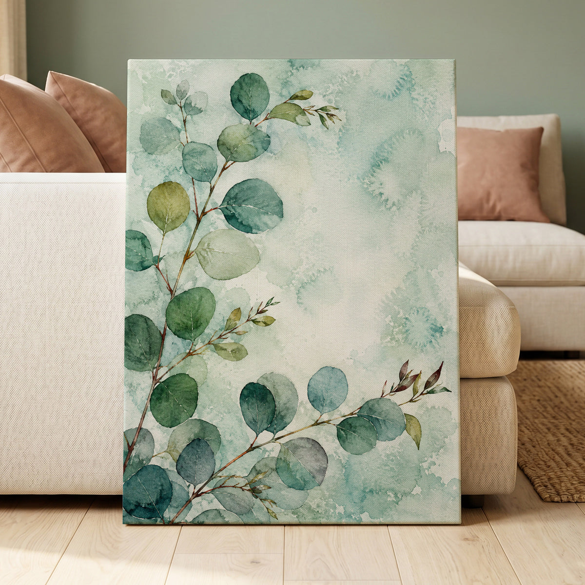 Sage Leaf Reverie, green, blue, white nature wall art displayed in a styled interior, gallery view 3
