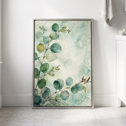 Sage Leaf Reverie, green, blue, white nature wall art displayed in a styled interior, gallery view 4