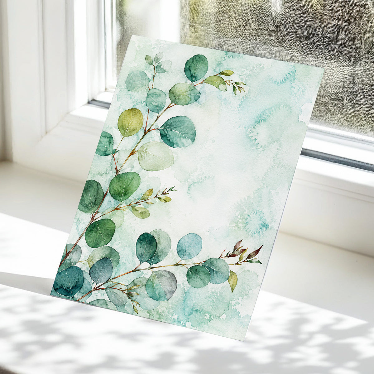 Sage Leaf Reverie, green, blue, white nature wall art displayed in a styled interior, gallery view 5