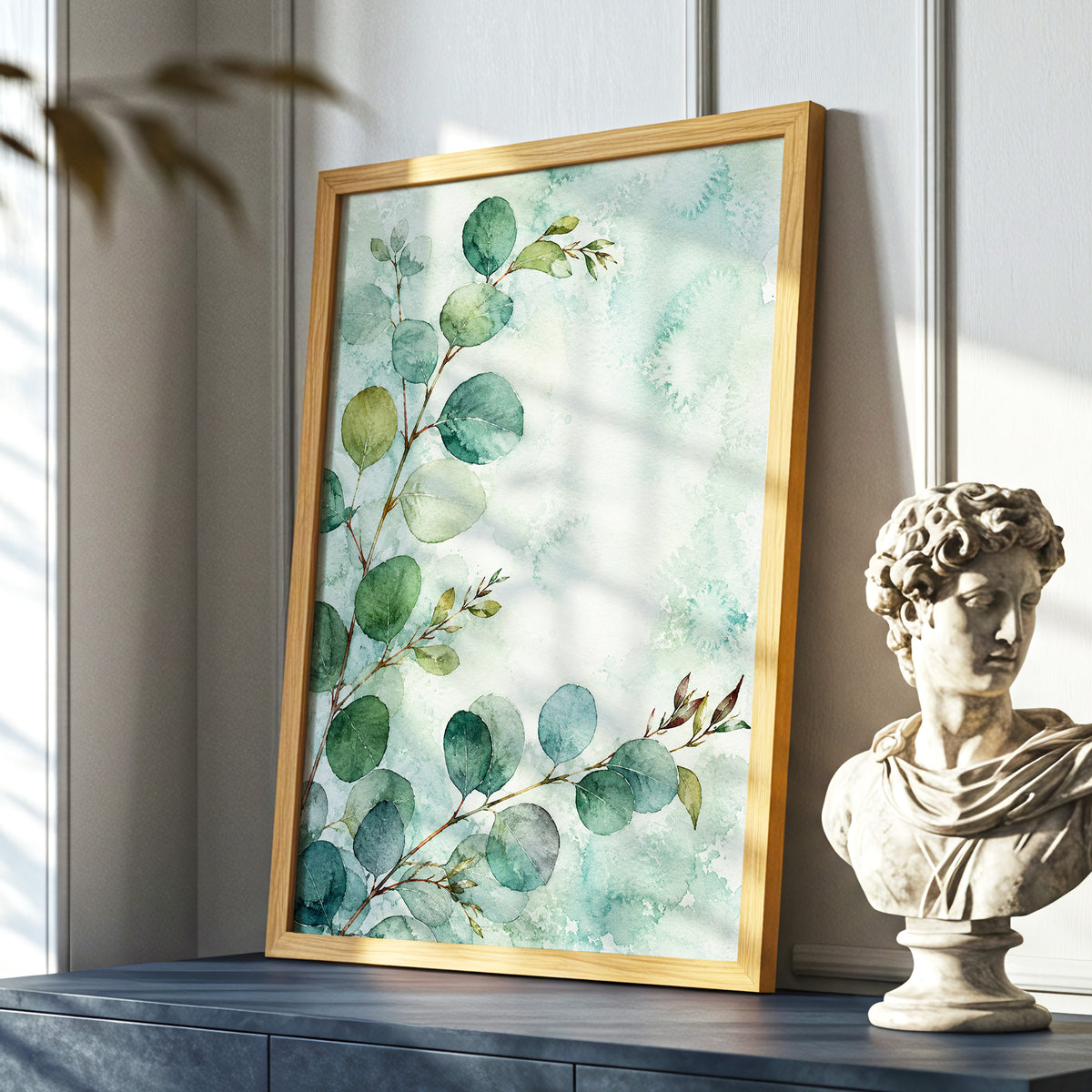 Sage Leaf Reverie, green, blue, white nature wall art displayed in a styled interior, gallery view 6