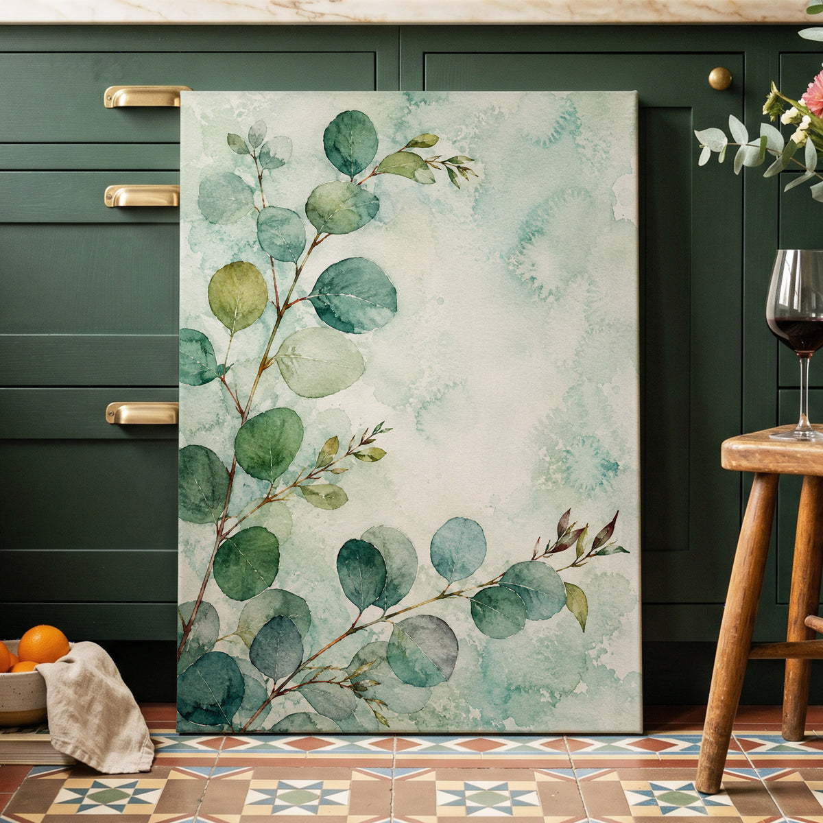 Sage Leaf Reverie, green, blue, white nature wall art displayed in a styled interior, gallery view 7