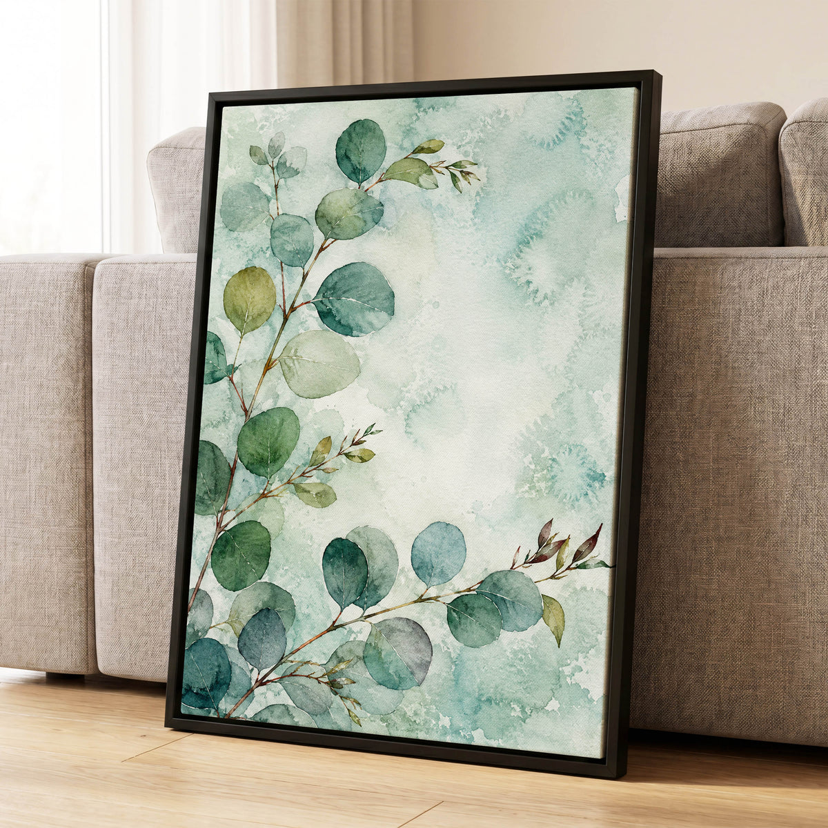 Sage Leaf Reverie, green, blue, white nature wall art displayed in a styled interior, gallery view 8