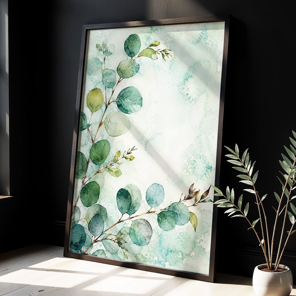 Sage Leaf Reverie, green, blue, white nature wall art displayed in a styled interior, gallery view 9