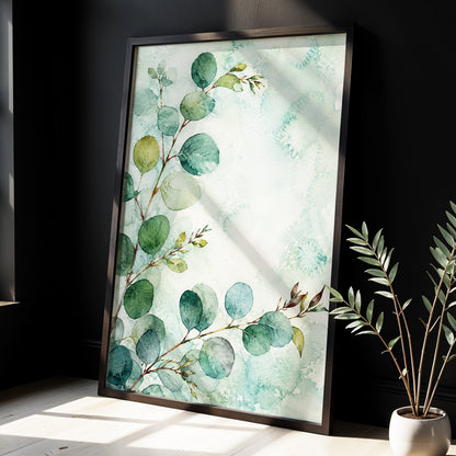 Sage Leaf Reverie, green, blue, white nature wall art displayed in a styled interior, gallery view 9