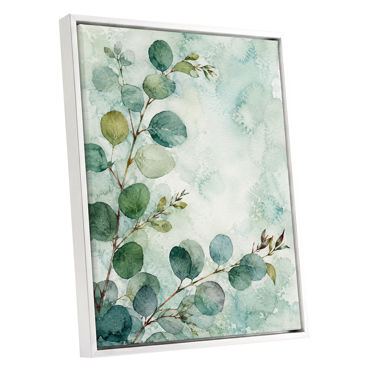 Sage Leaf Reverie, green, blue, white nature wall art shown as a white framed canvas wall art