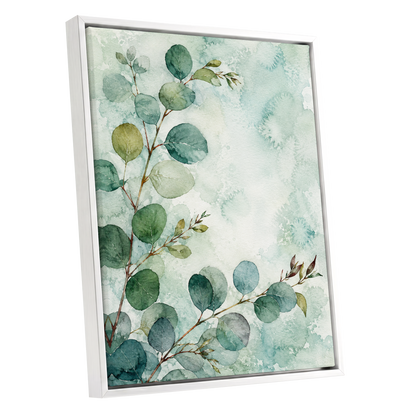 Sage Leaf Reverie, green, blue, white nature wall art shown as a white framed canvas wall art