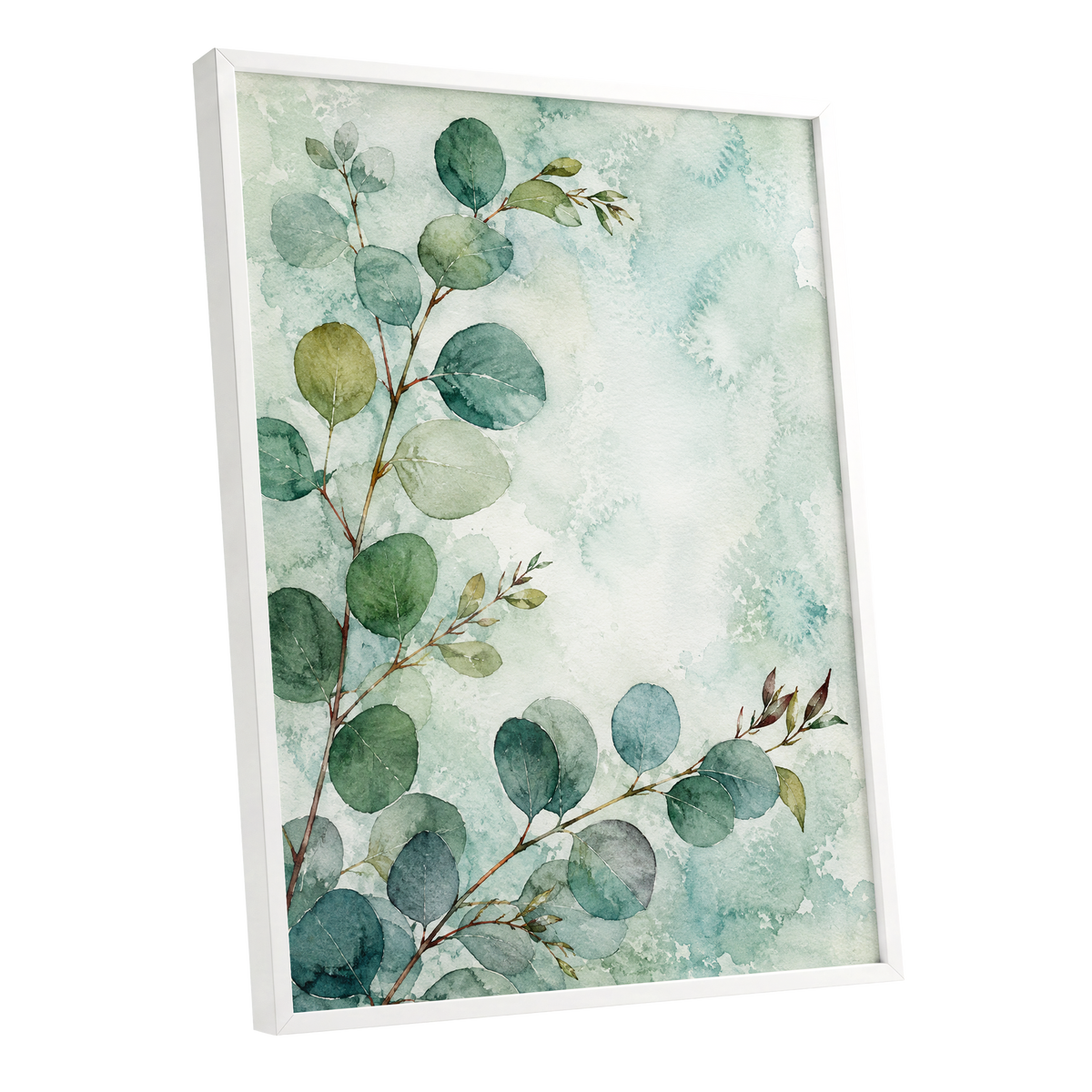 Sage Leaf Reverie, green, blue, white nature wall art shown as a white framed poster wall art print