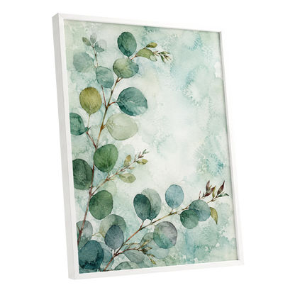 Sage Leaf Reverie, green, blue, white nature wall art shown as a white framed poster wall art print