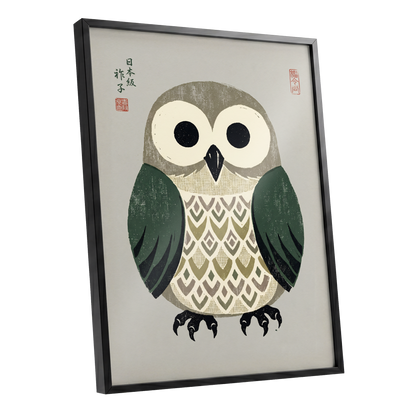 Sage Owl Reverie, black, green, beige nature wall art shown as a black framed poster wall art print