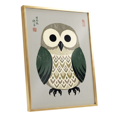 Sage Owl Reverie, black, green, beige nature wall art shown as a gold framed poster wall art print