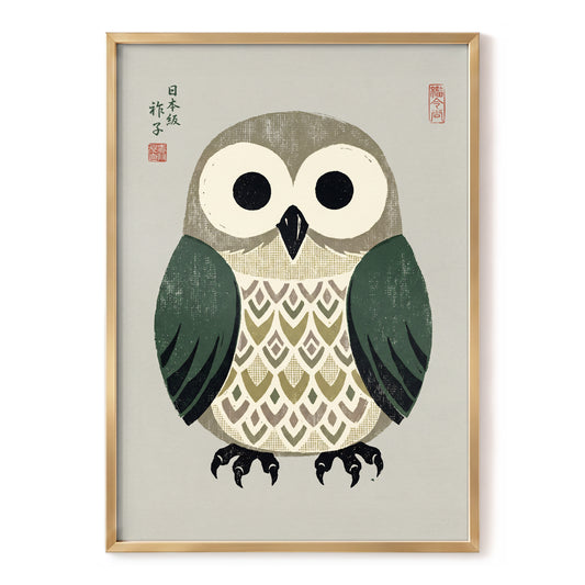 Sage Owl Reverie, black, green, beige nature wall art, front artwork view