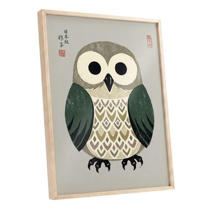 Sage Owl Reverie, black, green, beige nature wall art shown as a oak framed poster wall art print