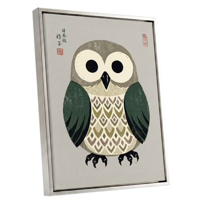 Sage Owl Reverie, black, green, beige nature wall art shown as a silver framed canvas wall art