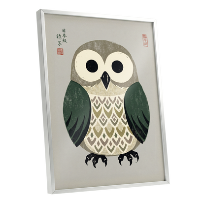 Sage Owl Reverie, black, green, beige nature wall art shown as a silver framed poster wall art print