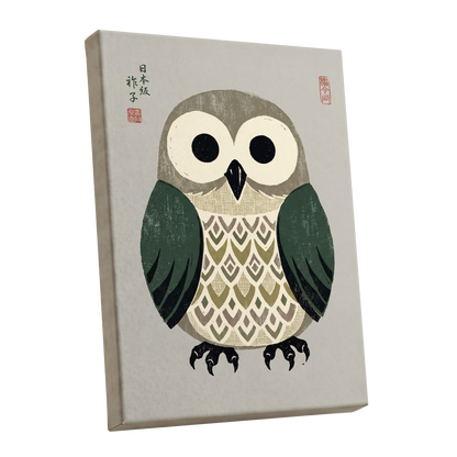 Sage Owl Reverie, black, green, beige nature wall art shown as a stretched canvas wall art