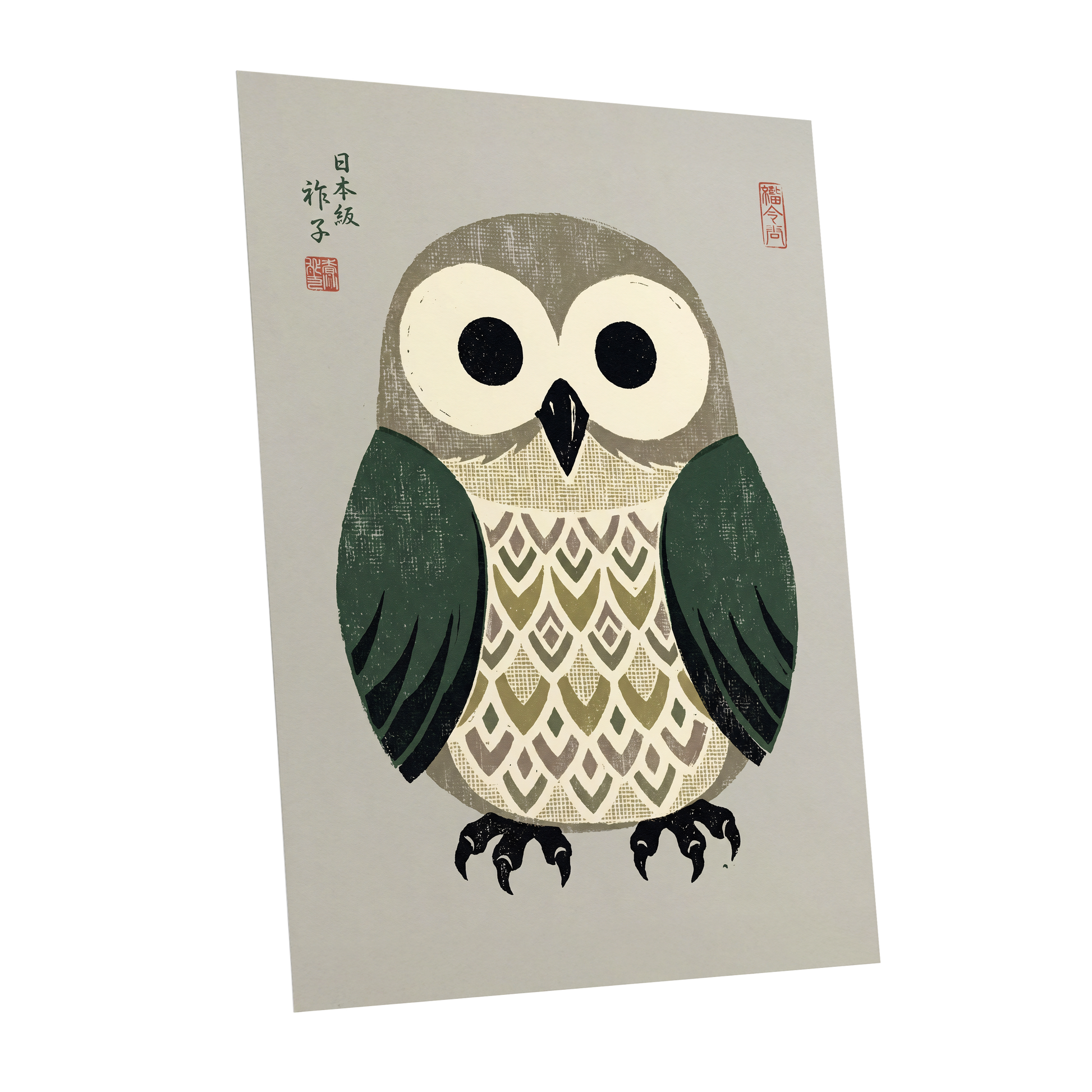 Sage Owl Reverie, black, green, beige nature wall art shown as a unframed poster wall art print